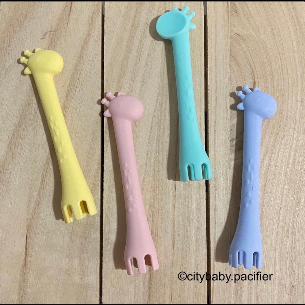 3 in 1 Giraffe Silicone Spoon, Fork, and Teether